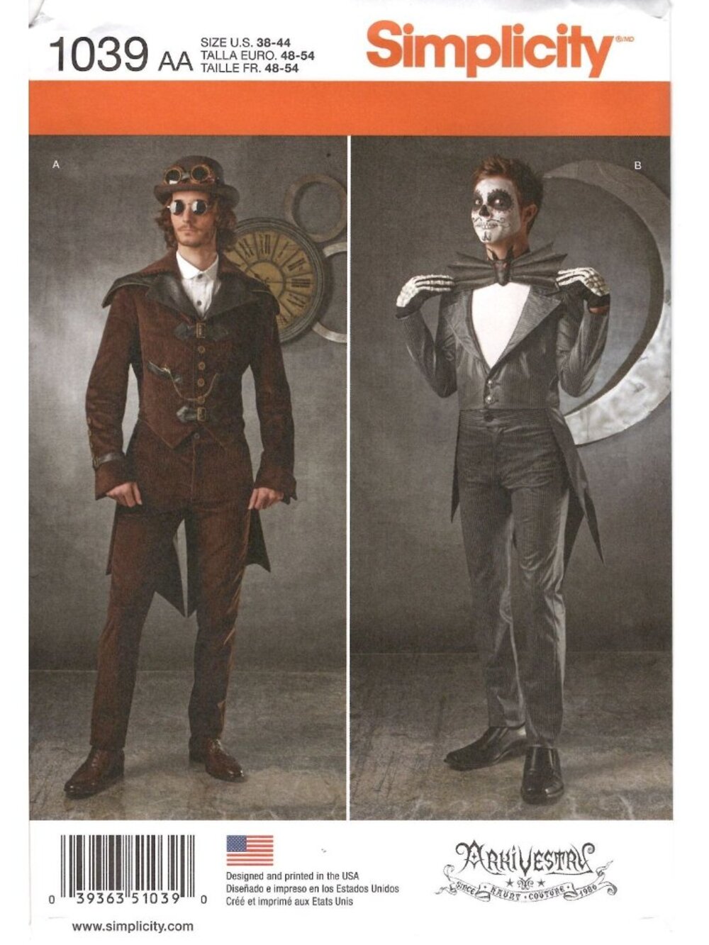 Simplicity 1039 Mens Chest 38 to 44 Steampunk Skeleton Costume Sewing Pattern